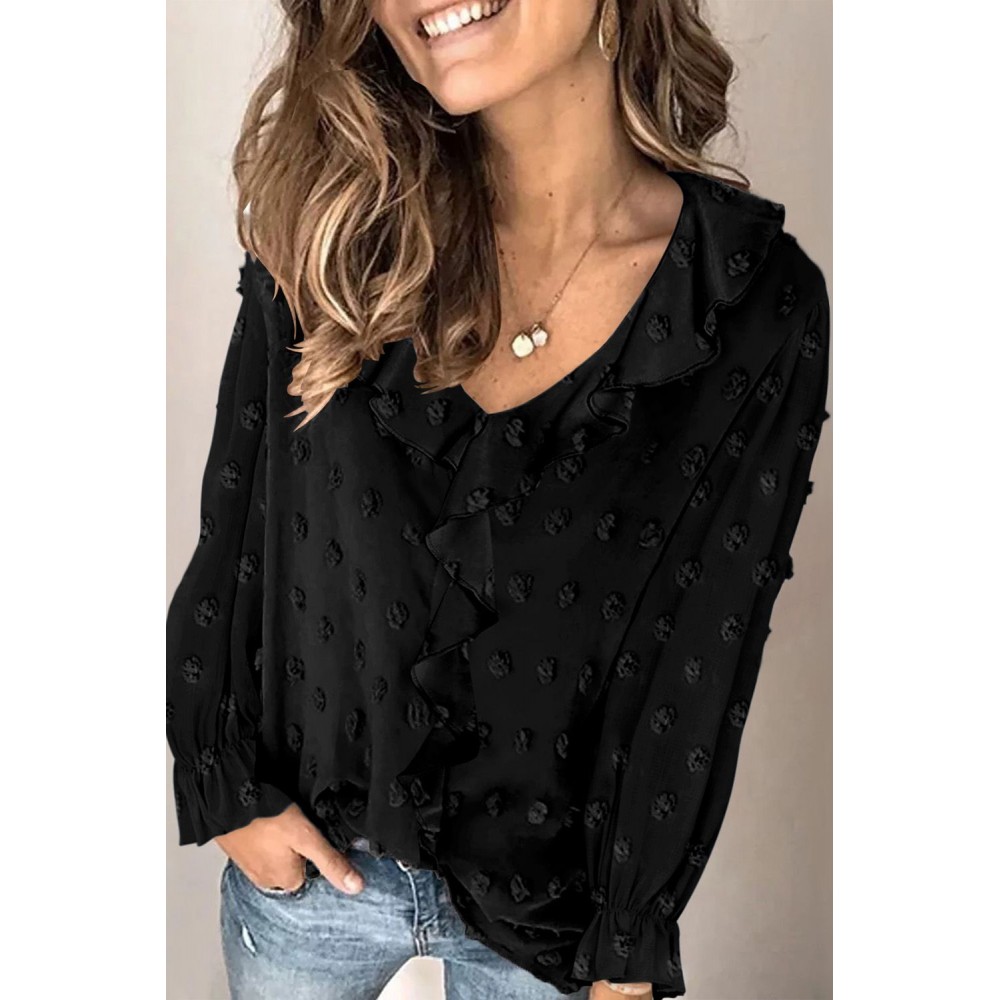 Black Bubble Sleeve V Neck Ruffles Fuzzy Polka Dot Blouse Black Bubble Sleeve V Neck Ruffles Fuzzy Polka Dot Blouse