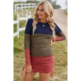 Lace Splicing Color Block Drawstring Ruched Bodycon Dress Lace Splicing Color Block Drawstring Ruched Bodycon Dress